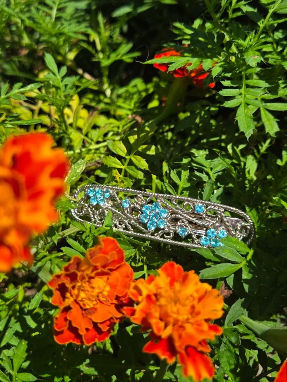 Something Blue Rhinestone Hair Clip - Vintage Silver & Blue Floral Bridal Barret